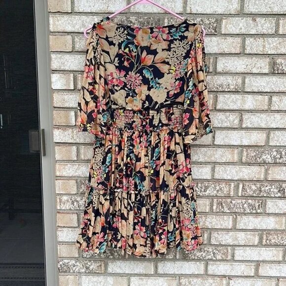 EUC Love Sam boho floral tie front smock waist open sleeve dress size S - Picture 6 of 7